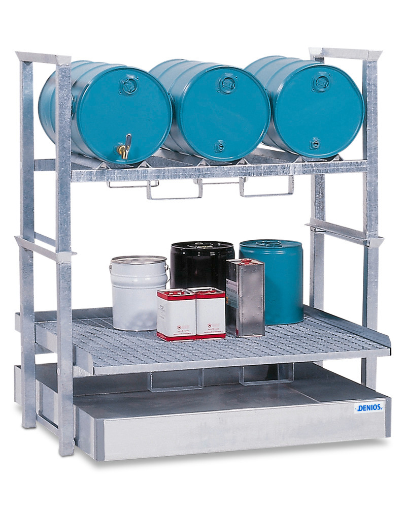 Rayonnage AWS 4 pour 3 fûts de 60 l et petits récipients, bac en acier - 1