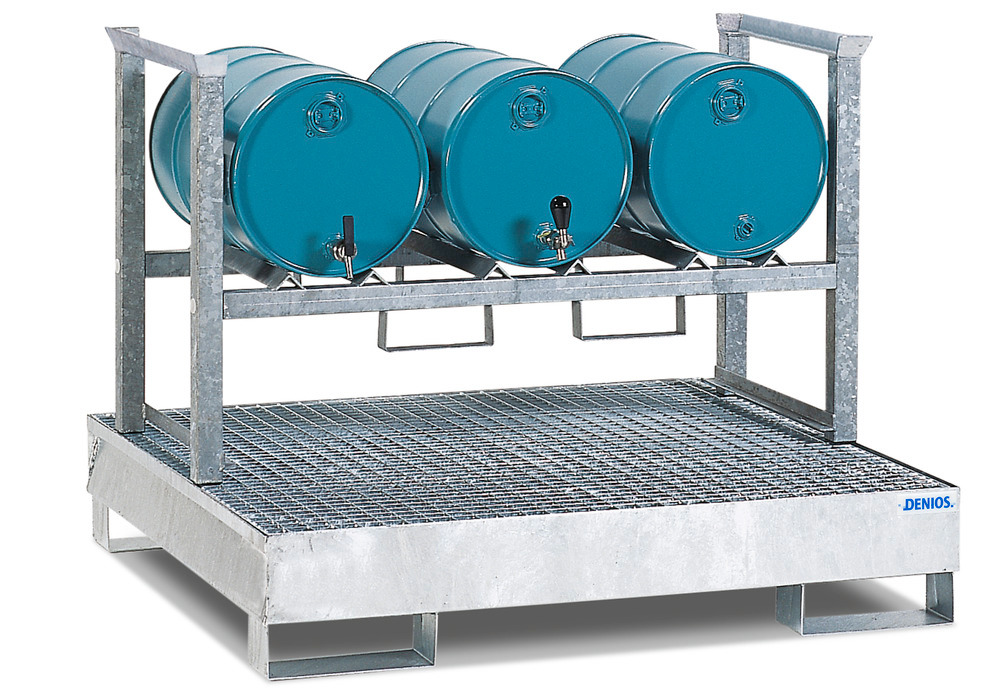 Drum rack AWS 12 for 3 x 60 litre drums, spill pallet in steel - 1