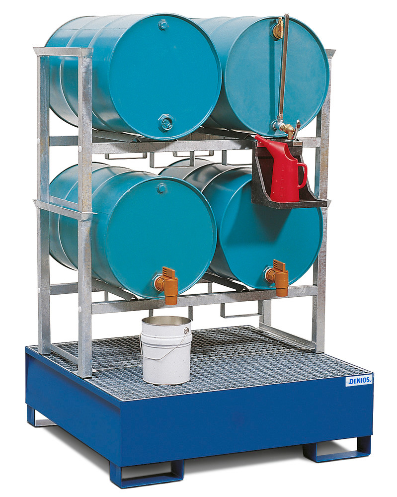 Drum rack AWS 10 for 4 x 205 litre drums, spill pallet in steel - 205 l, painted, PE dispensing tray - 1