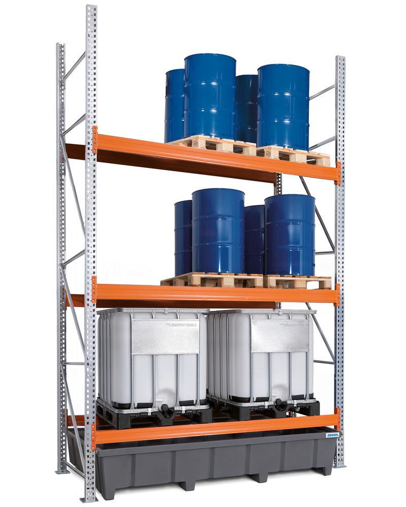 Estante para paletes de substâncias perigosas, 3 níveis, bacia plástico, base, 2900x1315x4400mm - 1