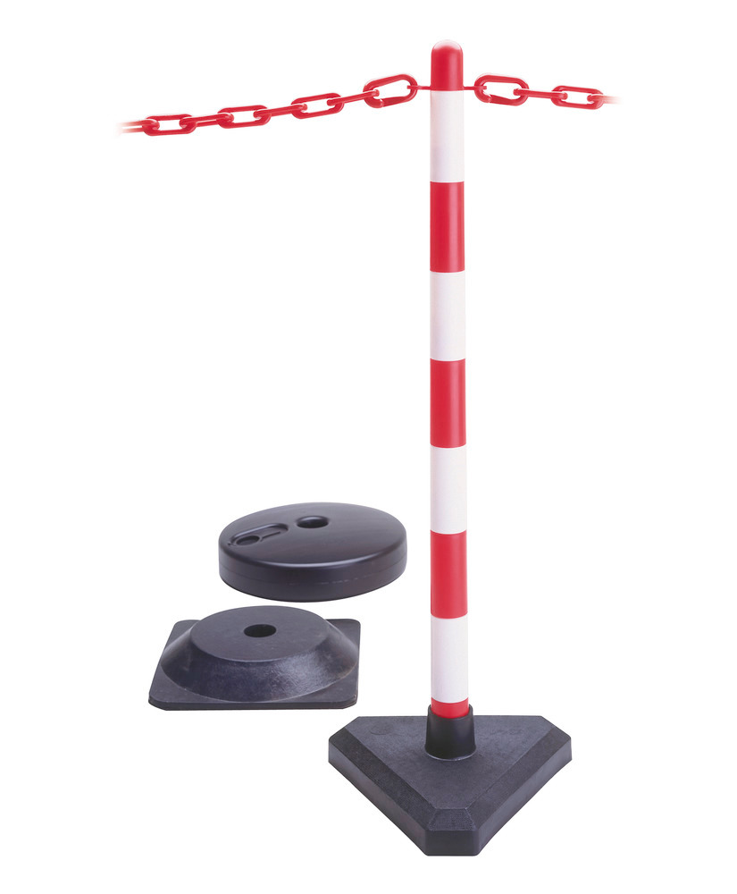 Chain barrier post set, 6 pcs, 870 mm, 10 m chain, red/white, triangle plastic base, concrete filled - 4