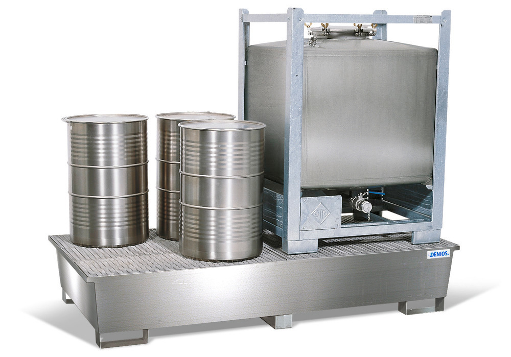 Spill pallet pro-line in st steel for 2 IBCs, with st steel grid - 1