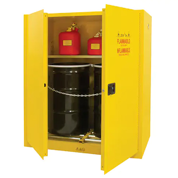 Vertical Drum Storage Cabinet, 110 US gal. Cap., 2 Drums, Yellow , Manual door - 1