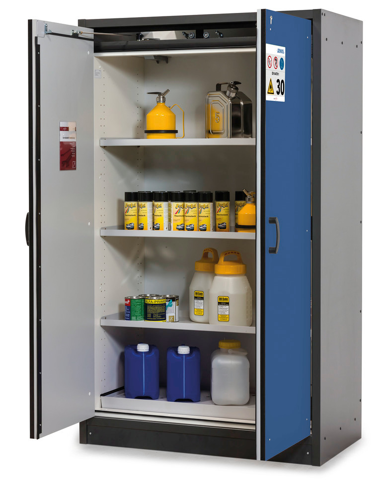 asecos fire-rated hazardous materials cabinet Basis-Line, anthracite/blue, 3 shelves, Model 30-123 - 1
