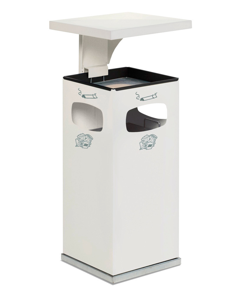 Combi waste bin / ashtray in steel, with removable cover f weather protection, 38l volume, white - 1