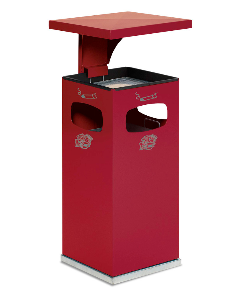 Kombinert askebeger-avfallsbeholder av stål, med avtakbar overdekning, 38 liters volum, rød - 1