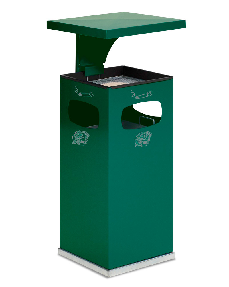 Kombinert askebeger-avfallsbeholder av stål, med avtakbar overdekning, 38 liters volum, grønn - 1