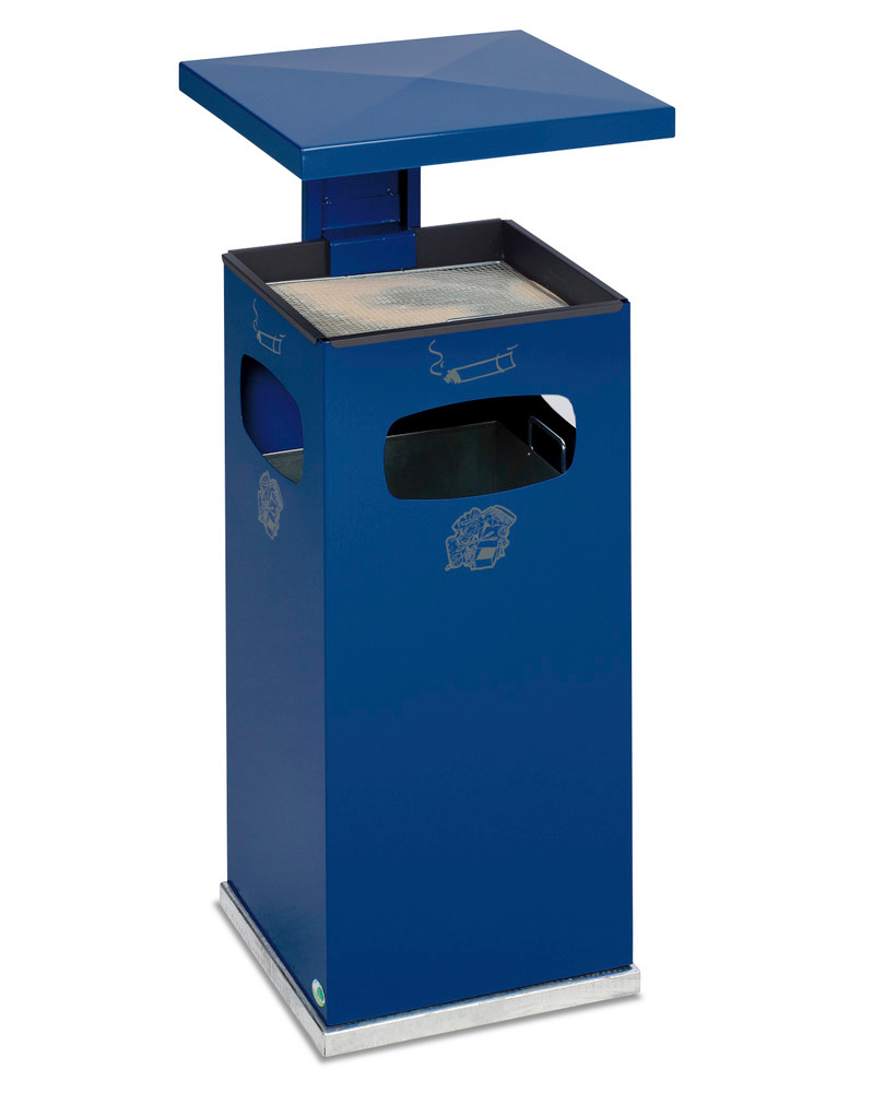 Kombineret askebæger-affaldsbeholder af stål, med aftagelig overdækning, 38 liters volumen, blå