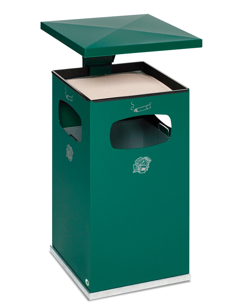 Combi waste bin / ashtray in steel, with removable cover f weather protection, 72l volume, green
