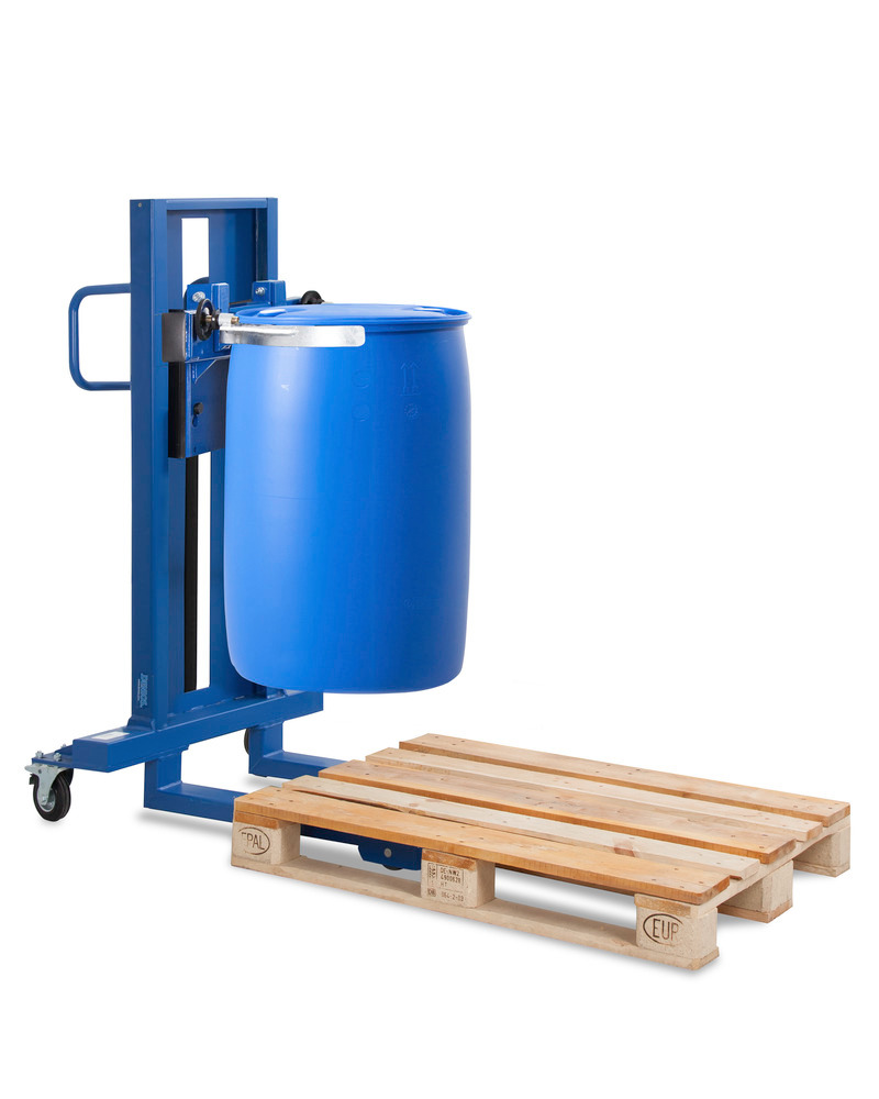 Drum lifter Servo, drum clamp, 205 to 220 litre drums, narrow chassis, lift height 120-520 mm - 1