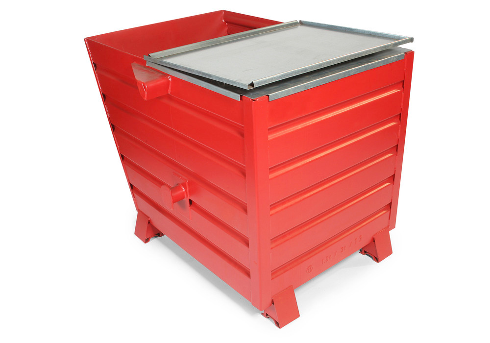 Bulk material container Universal in steel, with lid, 810 litre volume, red - 1