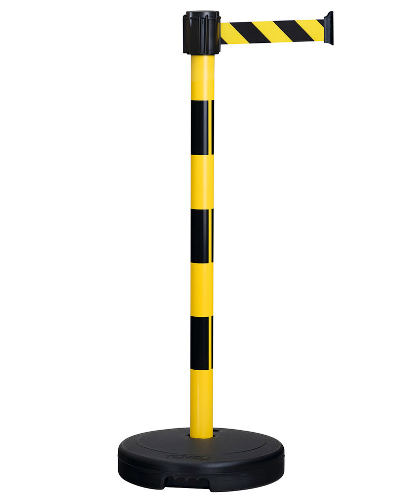 Avspärrningsstolpe med band, bandlängd 3 m, svart/gul, kan användas inom- och utomhus, plast
