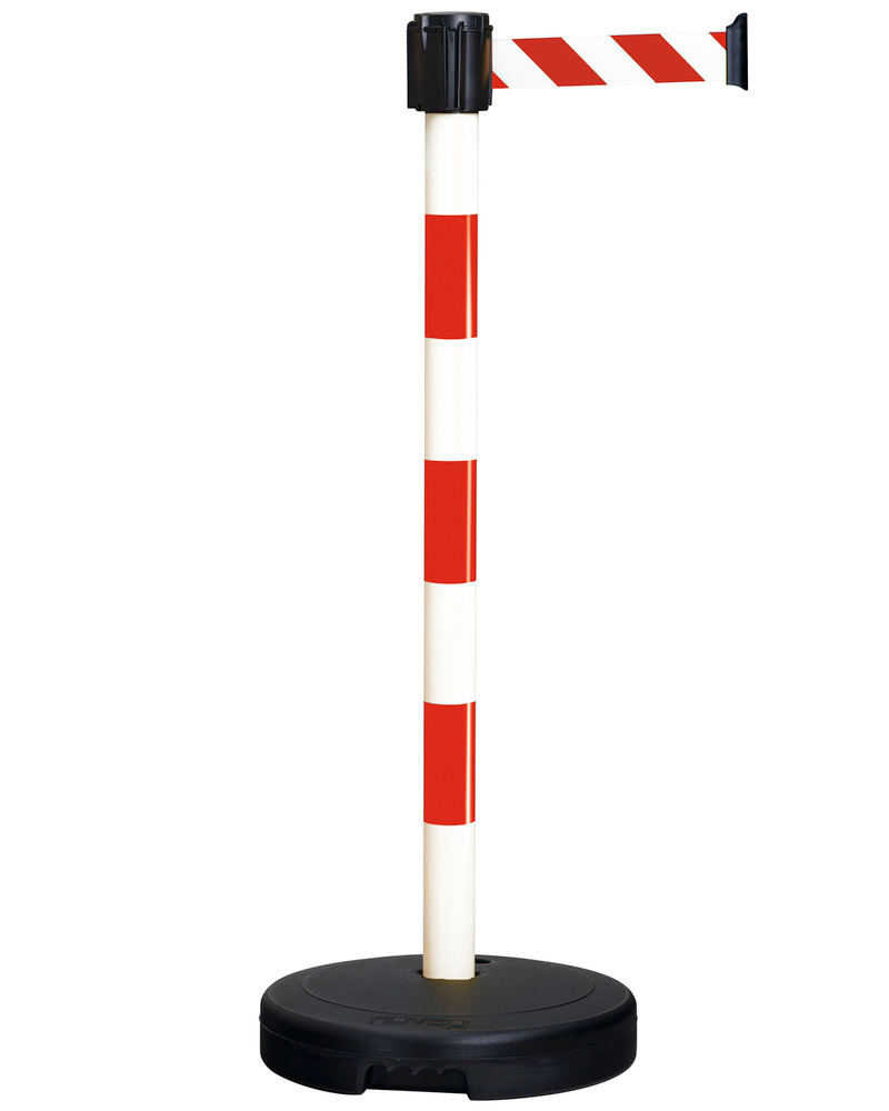 Avspärrningsstolpe med band, bandlängd 3 m, röd/vit, kan användas inom- och utomhus, plast - 1