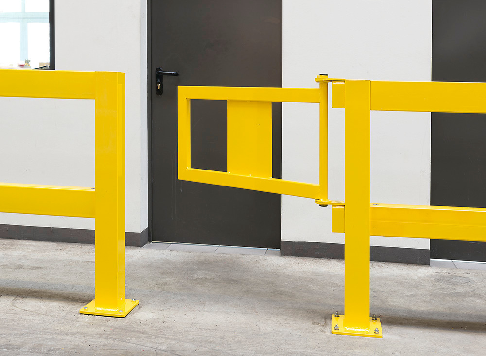Impact protection railing gate with protective panel, steel, plastic coated in yellow - 1
