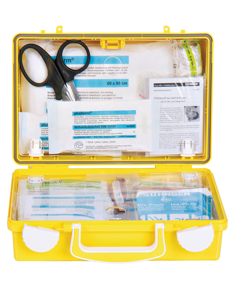 Erste-Hilfe-Koffer Extra, Ausführung "Büro", Füllung nach DIN 13157, mit Wandhalterung, gelb - 2