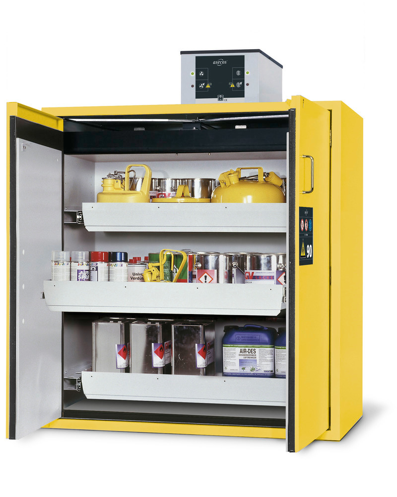 asecos tűzálló veszélyesanyag-tároló szekrény Edition, 3 kih. tálca, sárga One-Touch, ma: 1300 mm - 1