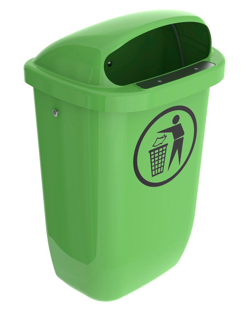 Polyethylene waste bin (PE), for wall mounting, 50 litre volume, green - 1