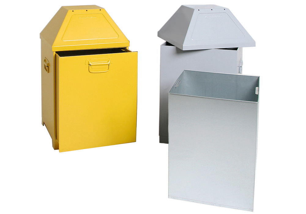 Waste container AB 100, sheet steel, self-closing flap on lid, 95 litre capacity, yellow - 4