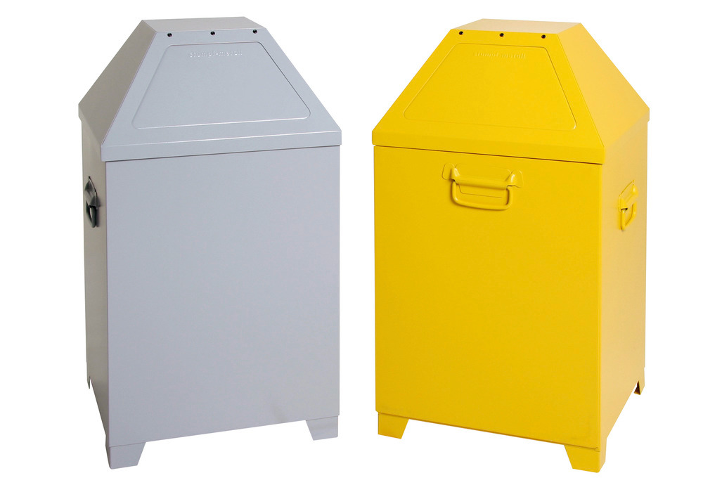 Waste container AB 100, sheet steel, self-closing flap on lid, 95 litre capacity, yellow