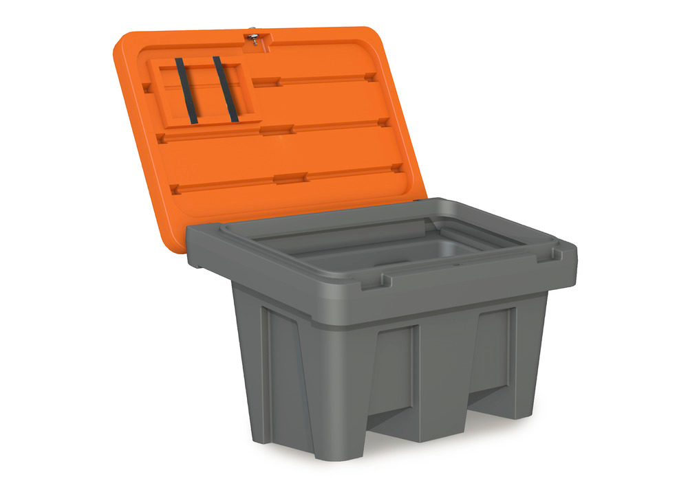 Grit bin Model GB 150 in polyethylene (PE), 150 litre volume, lid in orange - 1
