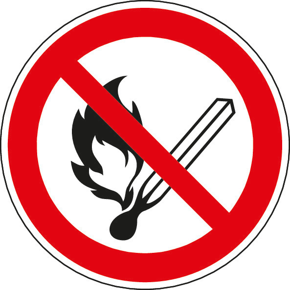 Forbudsskilt "åpen ild og røyking forbudt", ISO 7010, folie, 100 mm - 1