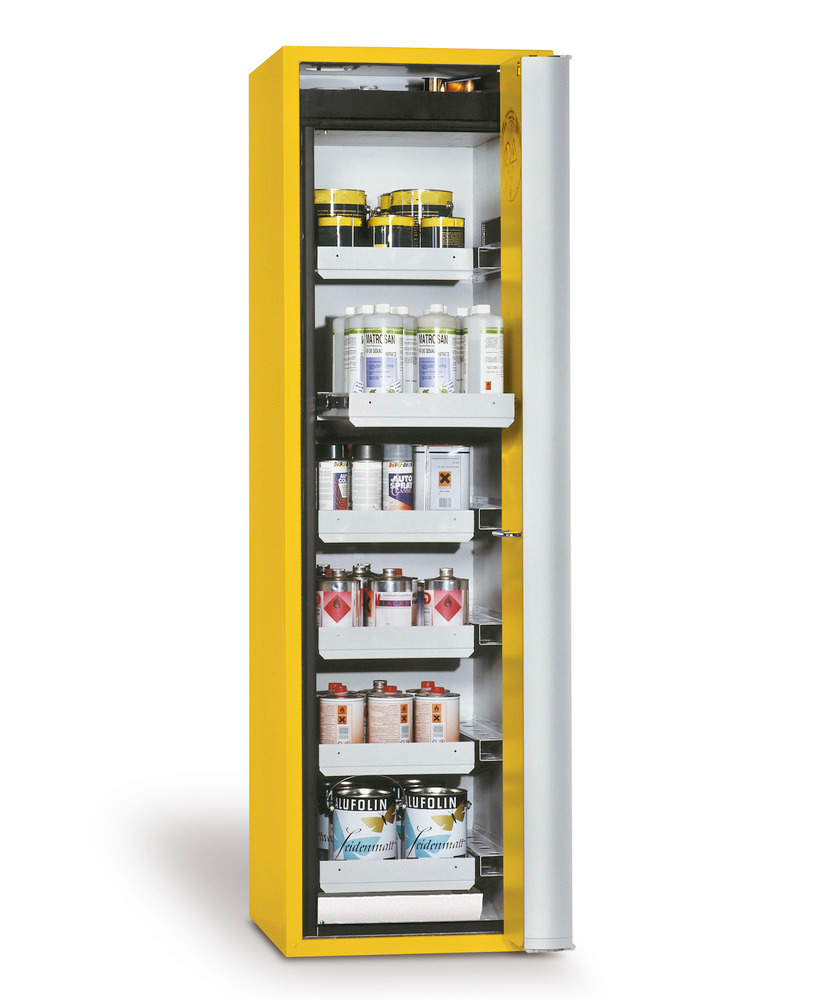Protipožární skříň na nebezpečné látky GF-601.6 „one touch“, 6 výsuvných van, pravé dveře, žlutá