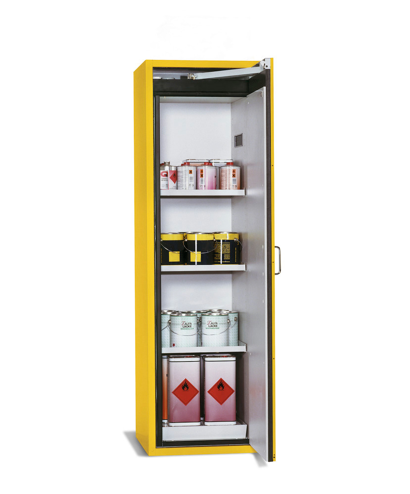 asecos fire-rated hazardous materials cabinet G-601, with 3 shelves, door hinged right, yellow - 1