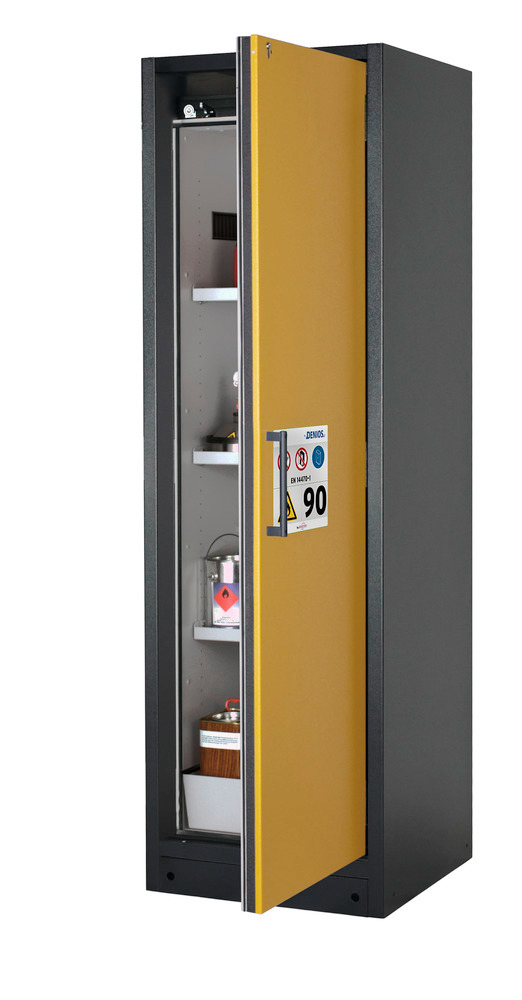 asecos fire-rated hazardous materials cabinet Select FM W-63R, 3 shelves, door yellow (right) - 1