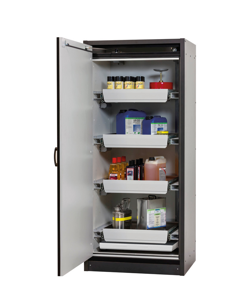 asecos fire-rated hazmat cabinet Basis-Line, anthracite/yellow, 4 slide-out spill trays Model 30-94L - 1