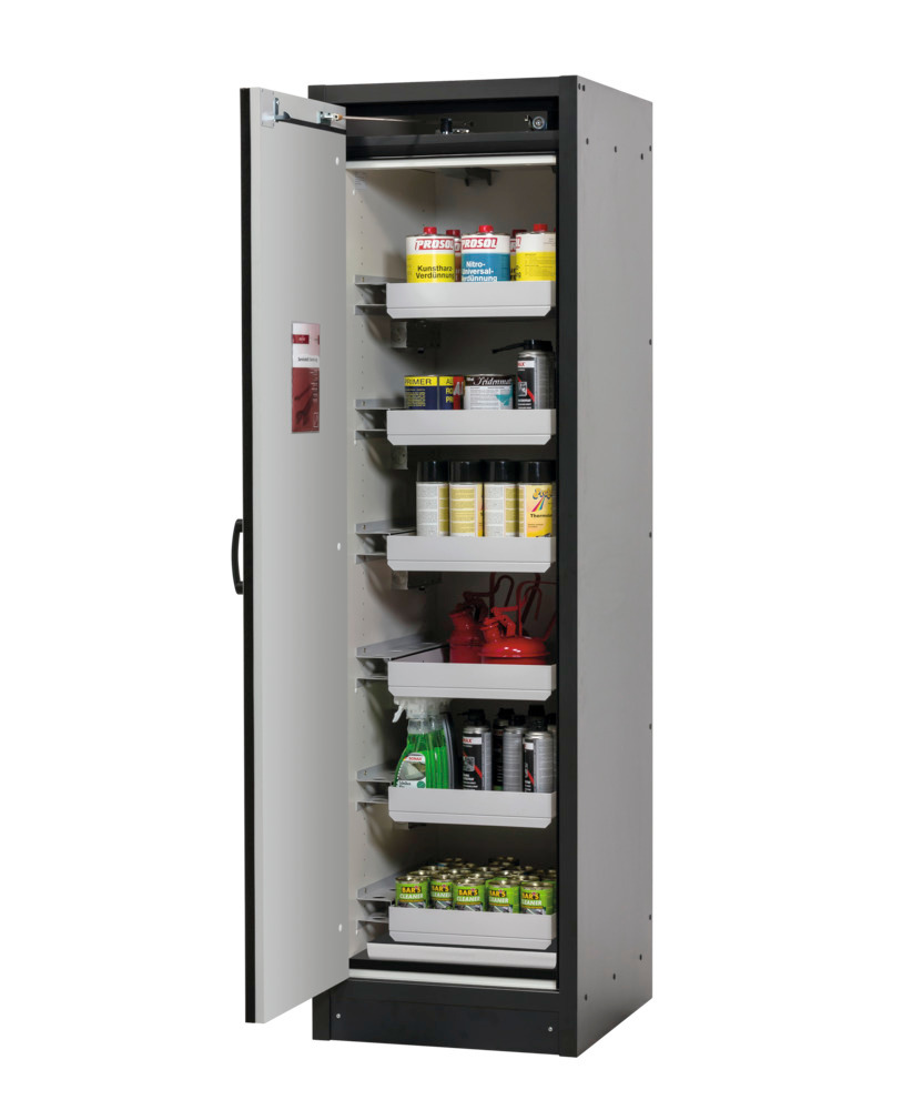 asecos fire-rated hazmat cabinet Basis-Line, anthracite/yellow, 6 slide-out spill trays Model 30-66L - 1