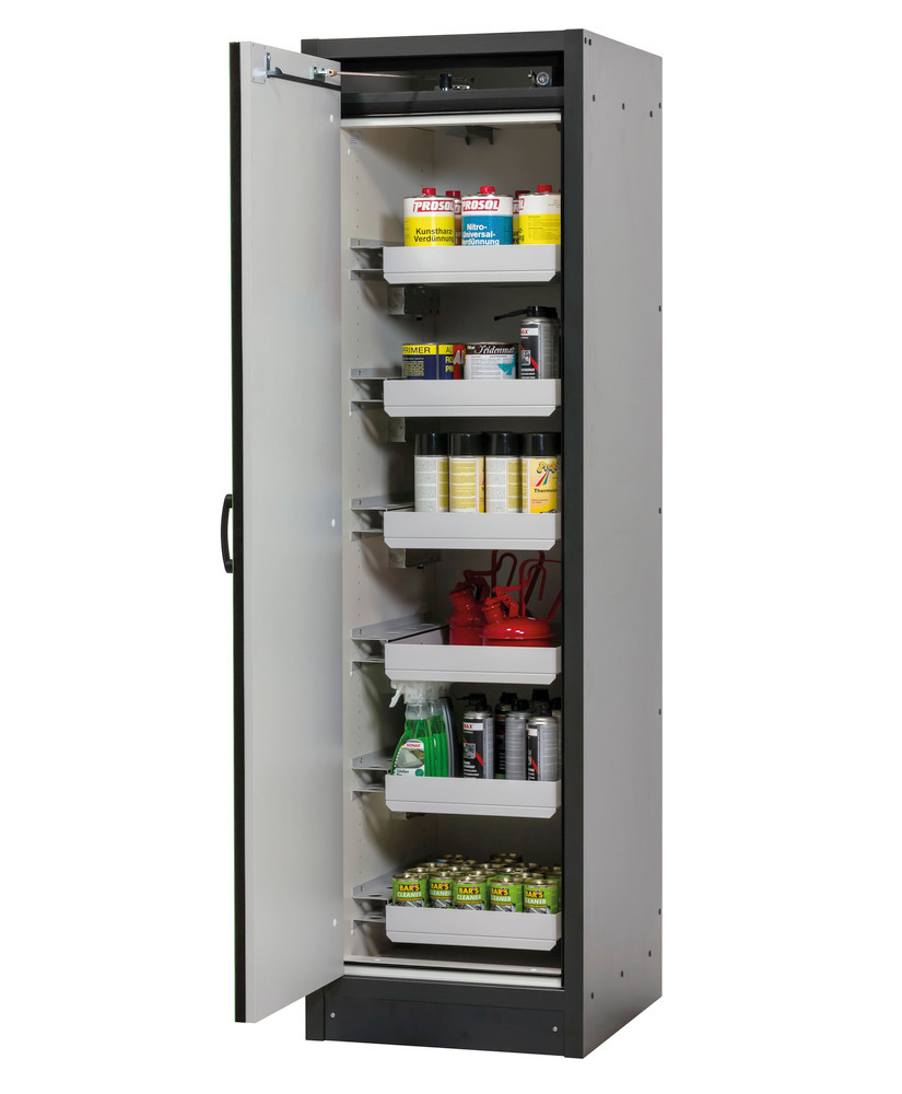 asecos fire-rated hazmat cabinet Basis-Line, anthracite/silver, 6 slide-out spill trays Model 30-66L - 1