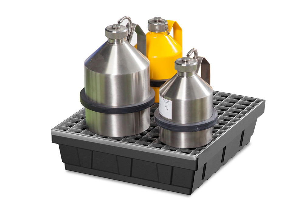 Spill tray for small containers base-line in polyethylene (PE) with galvanised grid, 12 litres