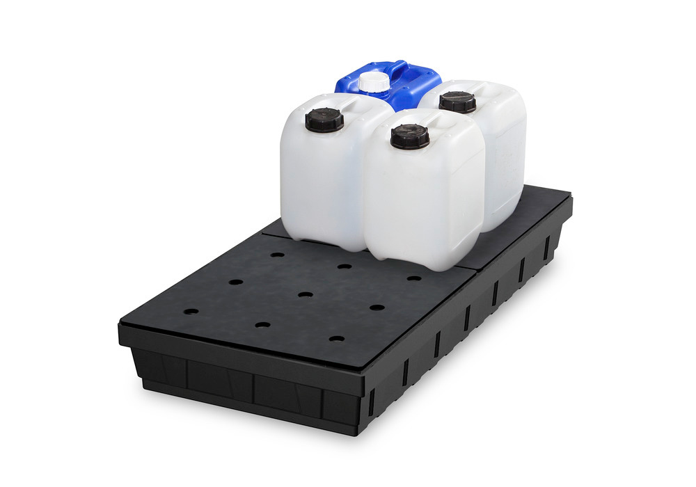 Spill tray for small containers base-line in polyethylene (PE) with PE grid, 24 litres