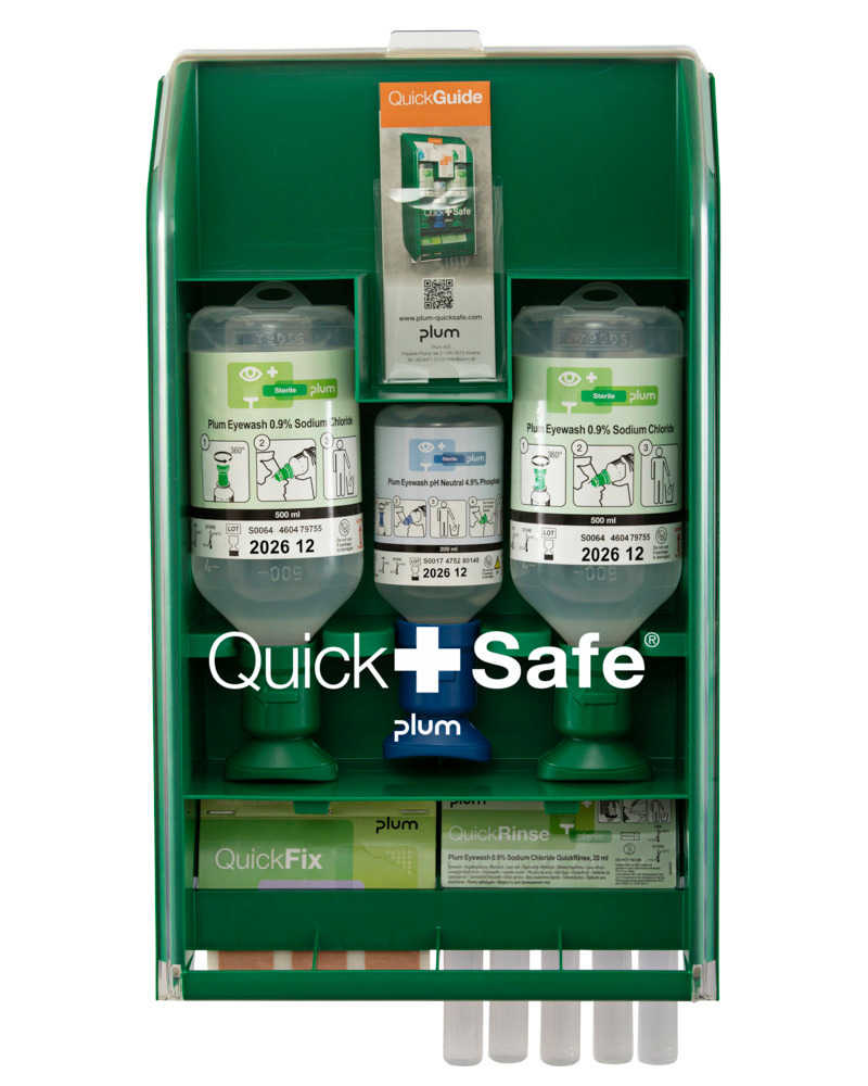 Caixa QuickSafe Basic, estação de primeiros socorros com enxaguamentos para olhos e pensos rápidos - 1