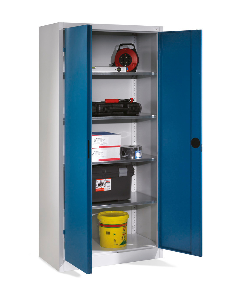 Tooling and equipment cabinet Cabo Heavy duty, 4 shelves, W 930, D 500, H 1950 mm, grey, doors blue - 1