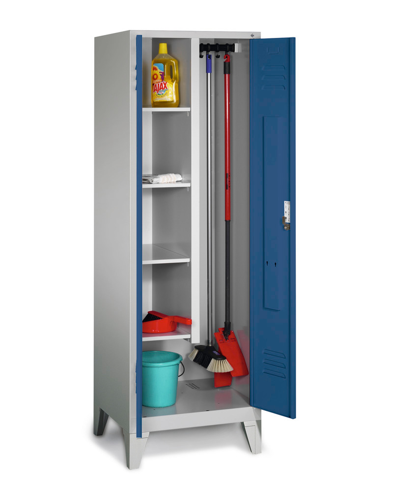 Armario para equipos de limpieza, 4 estantes y perchas, LxAxH: 610x500x1850 mm, patas, gris/azul - 1