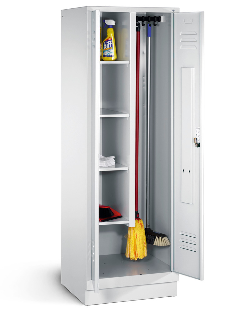Cleaning cabinet Cabo 4 shelves and sliding hooks, W 610, D 500, H 1800 mm, base, grey
