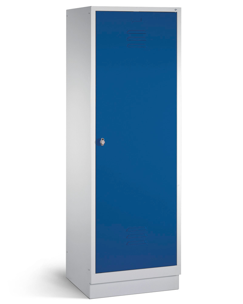 Šatní skříň Cabo, 2 oddíly, š 610, h 500, v 1800 mm, podstavec, šedá, dveře modré, 1křídlé dveře