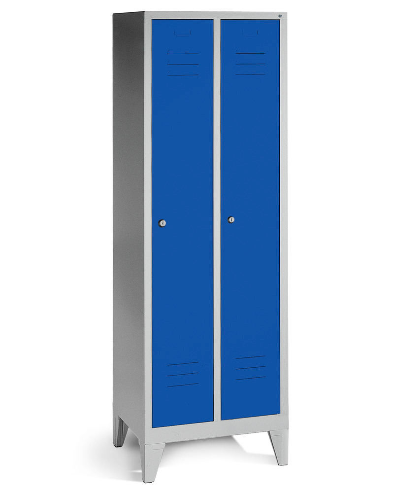 Taquilla guardarropa Cabo, 2 compartimentos, LxAxH: 610x500x1800 mm, con patas, gris, puertas azules - 1