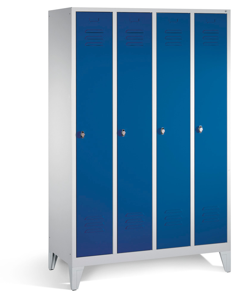 Locker Cabo, with 4 compartments, W 1190, D 500, H 1850 mm, with feet, grey/doors blue - 1