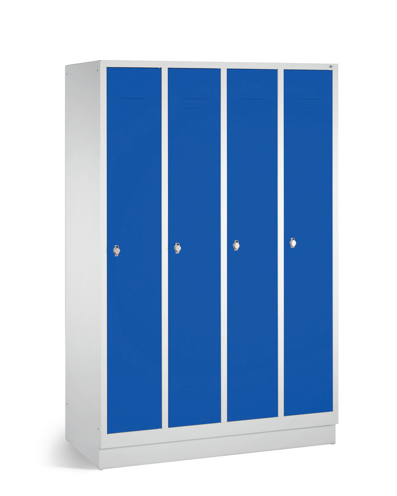 Garderobeskab Cabo, 4 sektioner, B 1190, D 500, H 1800 mm, med sokkel, grå/blå døre - 1