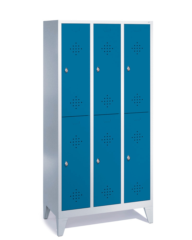 Double locker Cabo, 6 compartments, W 900, D 500, H 1850 mm, with feet, doors blue - 1