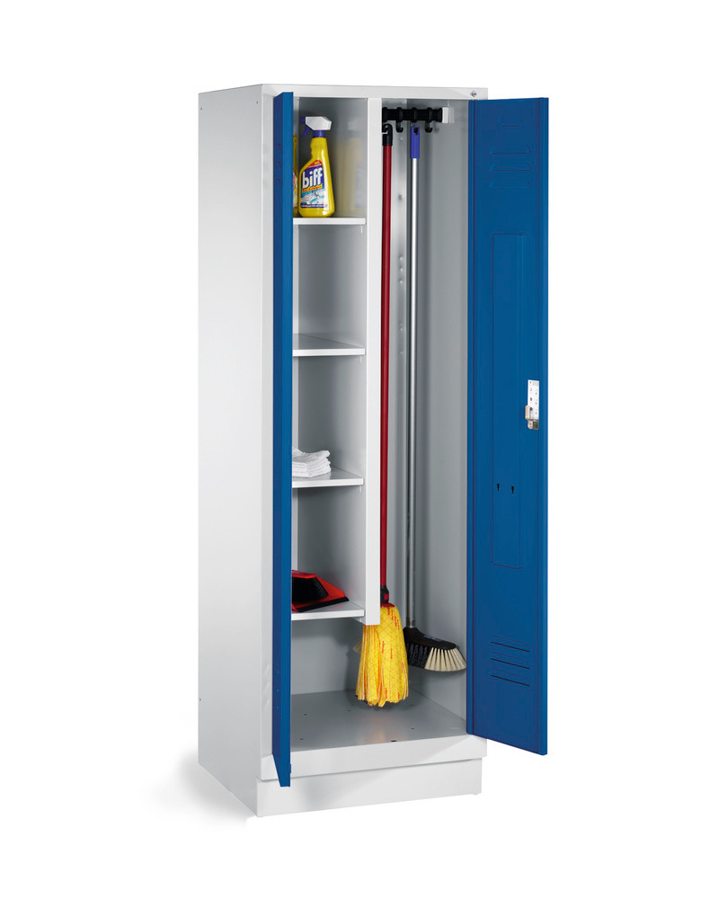 Armario para equipos de limpieza, 4 estantes y perchas, LxAxH: 610x500x1800 mm, zócalo, gris/azul - 1