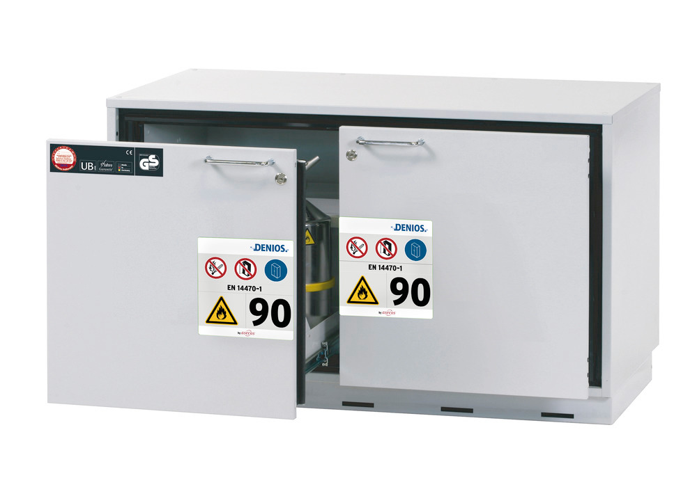 asecos hazardous materials underbench cabinet GU 111, with 2 slide-out spill trays, grey