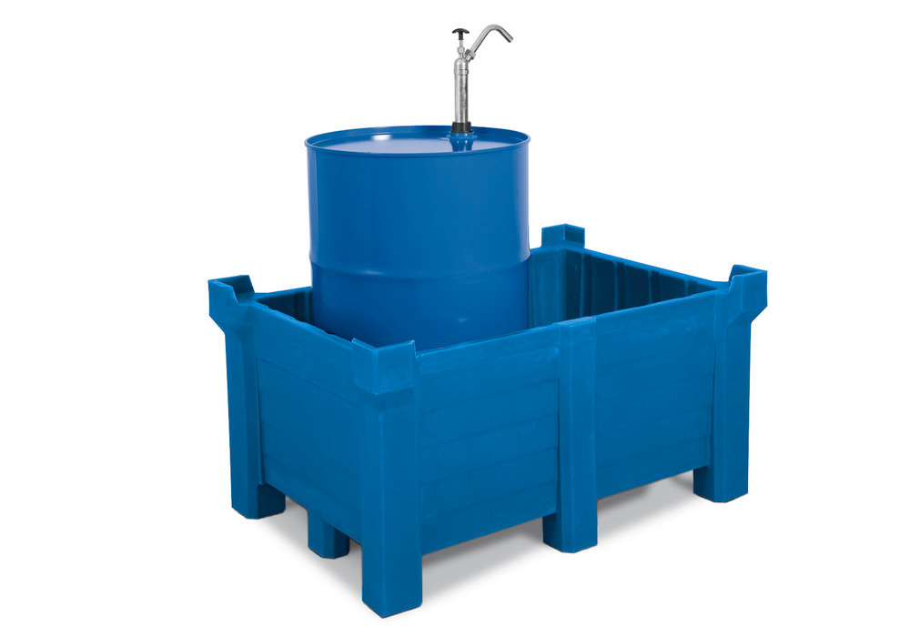 Stohovateľná nádoba PolyPro z PE, obsah 300 litrov, záchytný obsah 280 litrov, uzavretá, modrá - 1