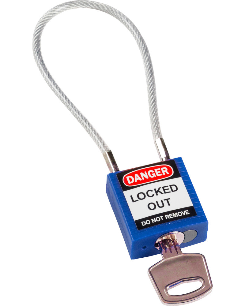 Cadenas de sécurité compact, clé spécifique à chaque cadenas, avec câble 200 mm, bleu - 1