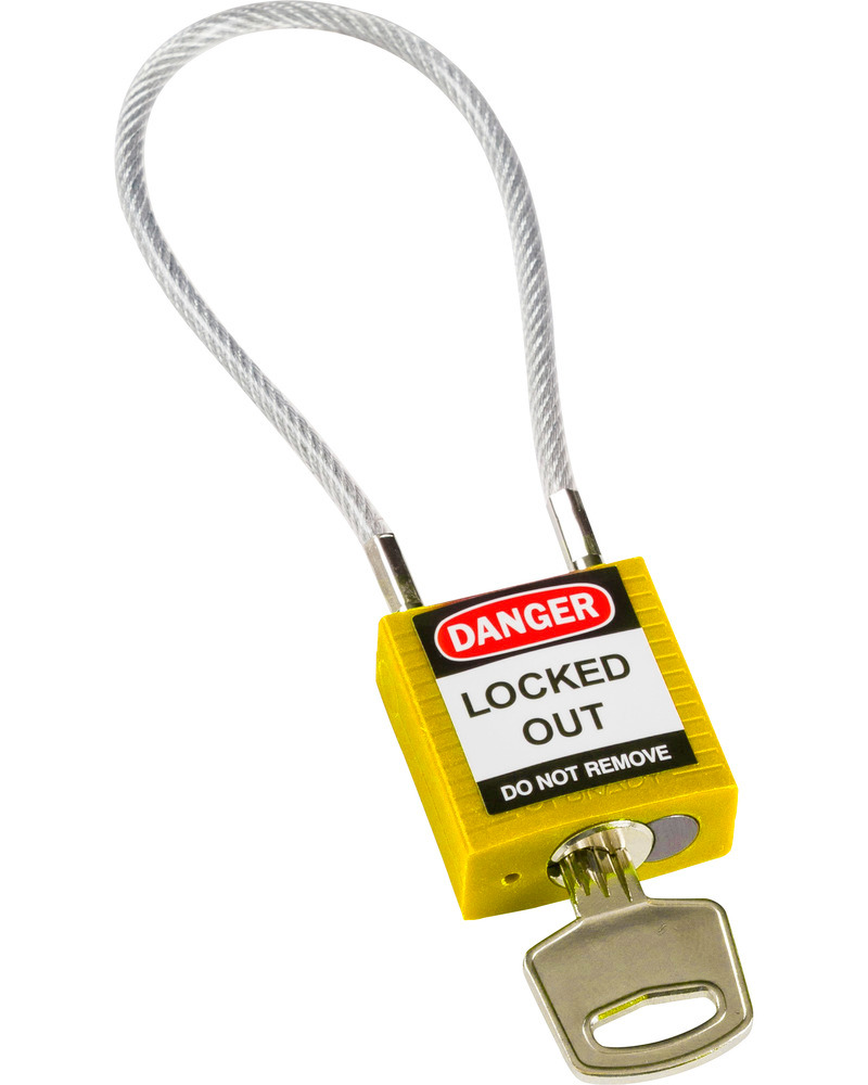 Kompaktowa kłódka zabezpieczająca, z kluczami niepowtarzalnymi, kabłąk kablowy 200 mm, żółta