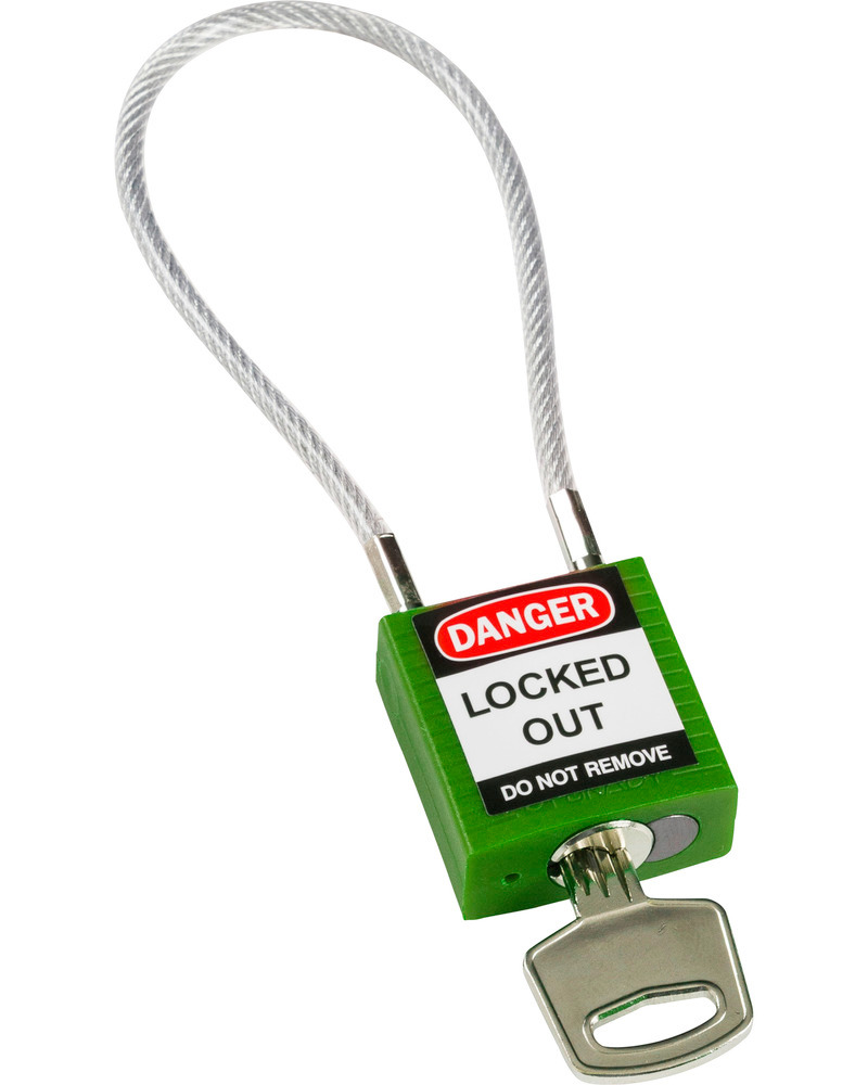 Kompaktowa kłódka zabezpieczająca, z kluczami niepowtarzalnymi, kabłąk kablowy 200 mm, zielona - 1