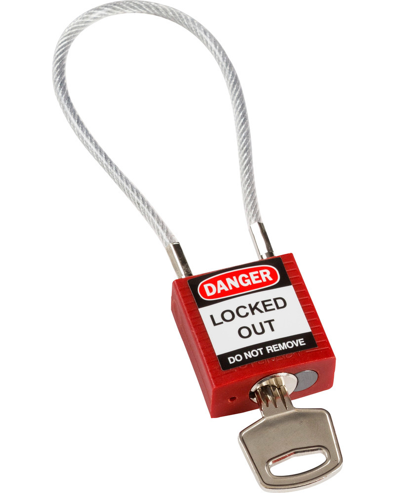 Kompakt sikkerhetslås, Keyed Different nøkkelsystem, kabel hengelås, 200 mm, rød - 1