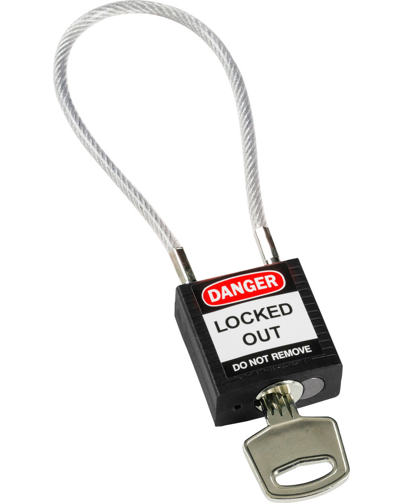 Kompakt-Sicherheitsschloss, Keyed Different Schlüsseleinteilung, mit Kabelbügel 200 mm, schwarz - 1